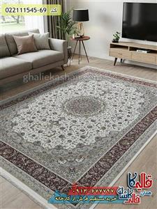 فرش 1500 شانه طرح فروغ زمینه کرم حاشیه گلبهی گل برجسته کاشان