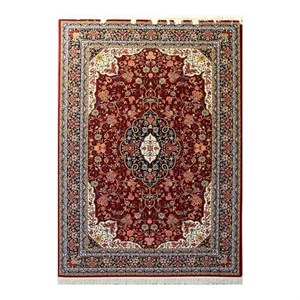 فرش ماشینی 700 شانه زمینه قرمز لاکی حاشیه کرم مدل شاهکار نوین کد YN-N083-2559