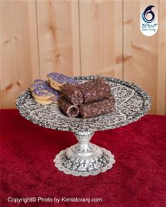 شیرینی خوری شبه نقره تک پایه قلم زنی گل و مرغ آب نقره با روکش و ضمانت ۳۶ ماهه کیمیاترنج 