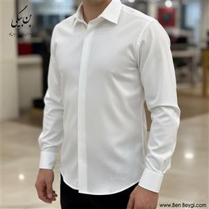 پیراهن مردانه پارچه آرو کجراه رنگ سفید آستین بلند کد 42593