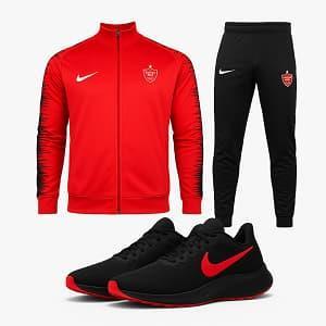 پکیج ست سوییشرت شلوار پرسپولیس مردانه مدلJ92  کفش ورزشی مردانه Nike مدل Tigo زیره قرمز