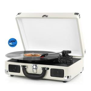 گرامافون وینیل چمدانی بلوتوث، قابل حمل، دارای بلندگوهای داخلی، شامل قلم اضافی، خروجی RCA، ورودی AUX