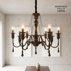 لوستر چوبی فلزی زنجیری گردویی شاخه مشکی