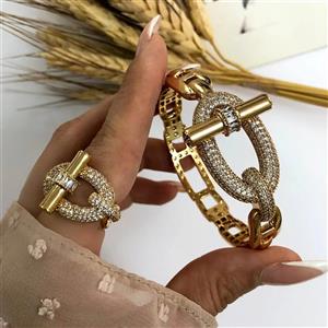 ست دستبند و انگشتر زنانه مدل هرمس Hermes نگین کاری شده رنگ طلایی و نقره ای ضد حساسیت رنگ ثابت کد zsm