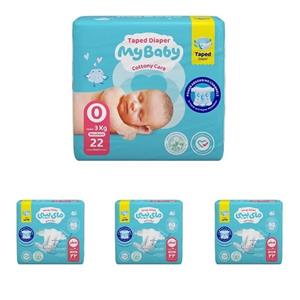 پک 4 تایی پوشک چسبی بچه مای بیبی مدل کانال دار شماره 0 صفر سایز Newborn بسته 22 عددی