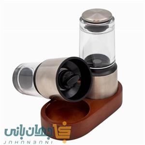 آسیاب نمک و فلفل دو قلو دستی استیل با استند چوبی (پس کرایه تیپاکس)