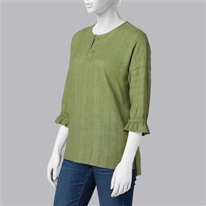 شومیز آستین سه ربع یقه دکمه دار زنانه مدل سوفیا بافت کوک دوزی طرح ساده کد8373