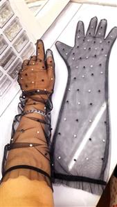 دستکش توری مجلسی با دیزاین مروارید و نگینی