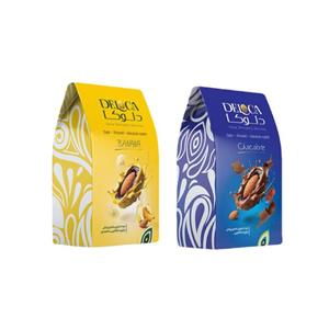 خرما شکلاتی پرتقالی و موزی با مغز بادام دلوکا - ۲۵۰ گرم بسته 2 عددی