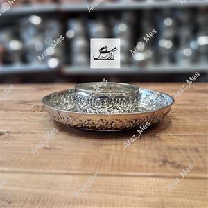 پیاله و پیش دستی گلبرگ بشقاب مسی کروم رزگل ریزگل مسی نیلوفر اطلس نقره ای  