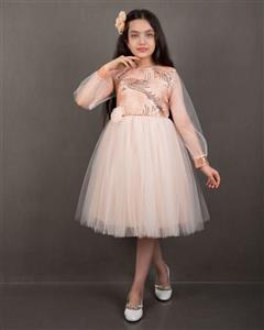 پیراهن دخترانه مجلسی آستین تور کِرِم مدل آنا