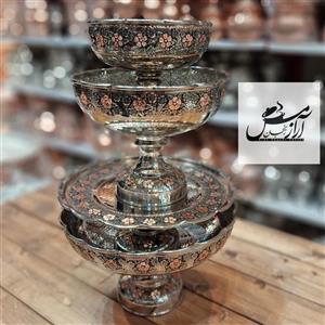 سرویس پذیرایی مسی الماس تراش دورنگ رز گل گلبرگ کروم نانو ست 4 تیکه میوه شکلات  شیرینی خوری آجیل خوری رزگل برجسته زنجان