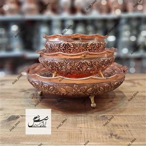 سرویس پذیرایی مسی گلبرگ سه پایه نانو ثنا زنجان(ست 4 تیکه میوه شکلات شیرینی  آجیل خوری )رزگل برجسته 3 پایه