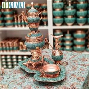 سرویس 5 تکه سماور مسی فیروزه کوبی، فیروزه اصل نیشابور با روکش پلی استر
