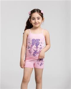 ست تاپ و شورتک دخترانه مدل راحتی خانگی و بیرونی طرح تیم اسب تک شاخ رنگ صورتی ملایم.جنس نخ پنبه