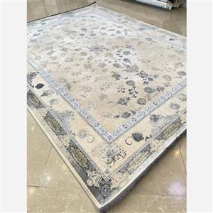 فرش ماشینی 1200شانه گل برجسته اصل تراکم 3600 طرح میلان زمینه بژ  12 متری جنس اکرولیک