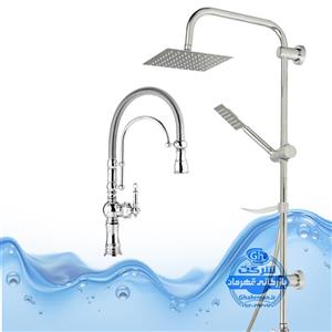 ست ۲ عددی شیر ظرفشویی بیزانس تک‌منظوره و علم دوش یونیورست مدل صفحه استیل | کروم براق | شیرآلات برند آیدا صنعت مدل دنیز