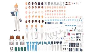 وکتور مجموعه کاراکتر انیمیشن دختر جوان دکتر و پزشک