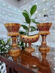 ست سه تیکه شمعدان و کشکول کریستال طلاکوب طرح کاستل رنگ قرمز با طلاکاری هلند