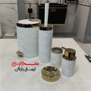 ست 5 پارچه سرویس بهداشتی بتیس مدل شاین روکش چرم رنگ سفید طلایی (جنس پلاستیکabs) درب 2حالته پدالی و بادبزنی