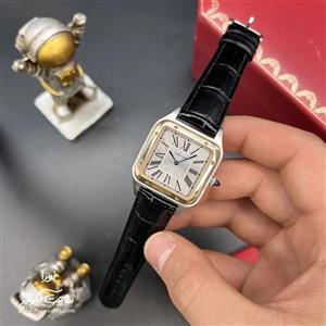 ساعت کارتیه د موند متوسط نقره ای رزگلد بند مشکی Cartier Dumon