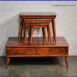 میز جلو مبلی و سه عسلی باکس دار رنگ قهوه ای روشن