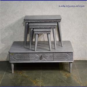 میز جلو مبلی طوسی و سه عدد عسلی مدل باکس‌ دار