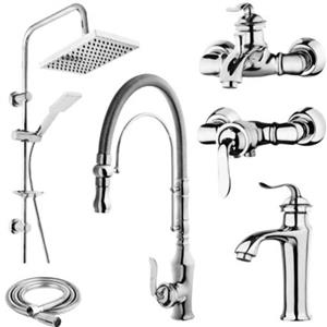 ست 6 تایی شیرآلات اهرمی هلن کروم با شیر ظرفشویی شاوری فنر دار و علم دوش حمام دوکاره و شیلنگ توالت مبلمان نارنجی مدل 528548