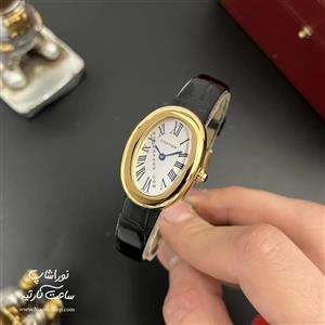 ساعت مچی باگنوار طلایی بند چرم Cartier Baignoire