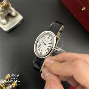 ساعت مچی زنانه باگنوار نقره ای بند چرم مشکی Cartier Baignoire