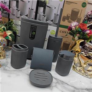 ست سرویس بهداشتی 6 پارچه طرح روما خطی رنگ زیبا شکیل جذاب و پرطرفدار طوسی تیره برند کنتراست نو آکبند طرح جدید قیمت مناسب