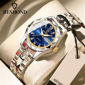 ساعت مچی زنانه بند استیل بین باند BIN BOND شب نما و شیشه الماسی عددی