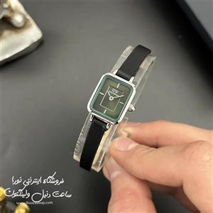 ساعت زنانه دنیل ولینگتون کوادرو مینی بند چرم نقره ای صفحه سبز Daniel Wellington Quadro Mini