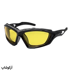 عینک ورزشی OAKLEY با فریم مشکی رنگ، بیس‌دار و لنز آینه‌ای و جیوه‌ای رنگ آبی مدل 5347