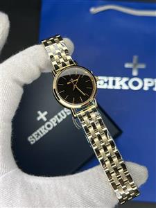 ساعت مچی زنانه سیکو پلاس SEIKO PLUS  صفحه مشکی نگین دار بند طلایی