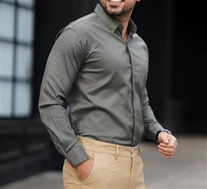 پیراهن مردانه سبز سدری پارچه ساتن کش دکمه مخفی