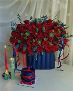 باکس گل و کیک تولد با گل مردانه برای یک سالگی پسرم