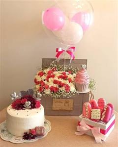 گل و کیک و عروسک بادکنک تبریک نوزاد دختر