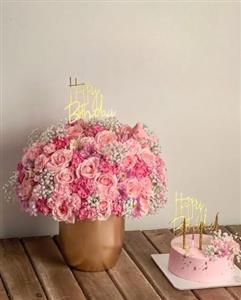 کیک تولد و باکس گل ساده