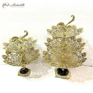 میوه خوری برنزی سه طبقه و دو طبقه باطرح یاس پایه سنگی، پر نقش و نگار 