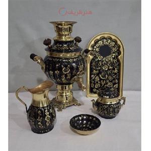 سرویس سماور زغالی برنجی یک لیتری مدل الماس تراش