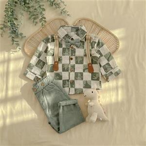 ست پسرانه 4 تیکه وارداتی ترک بلوز شلوار به همراه پاپیون و ساس بند طرح چهارخونه درشت رنگ سفید سبز برند CARAVAN BABY