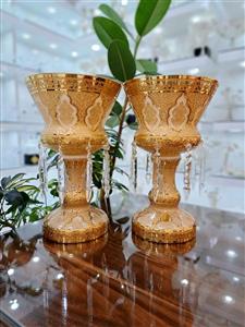 شمعدان کریستال طلاکوب آویزدار طرح کاستل رنگ قرمز سایز بزرگ مجموعه دوعددی