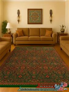 فرش سنتی 700 شانه طرح افشان نیکلاس رنگ سبز کاشان