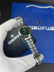 ساعت مچی زنانه سیکو پلاس SEIKO PLUS  صفحه سبز نگین دار بند استیل رزگلد