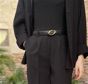 کمربند زنانه چرم بیضی سگک طلایی