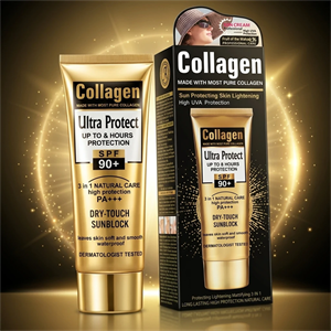 کرم ضد آفتاب بدون رنگ کلاژن spf90 مدل Ultra Protect محافظت کننده در برابر اشعه UVA و UVB مناسب برای انواع پوست‌ حجم 100 میلی لیتر