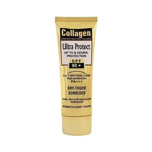 کرم ضد آفتاب بدون رنگ کلاژن spf90 مدل Ultra Protect محافظت کننده در برابر اشعه UVA و UVB مناسب برای انواع پوست‌ حجم 100 میلی لیتر