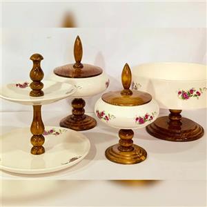 سرویس پذیرایی چوب و سرامیک 4 تیکه گل سرخی لبه گرد