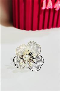 انگشتر استیل مینیمال نقره ای طرح گل و مروارید